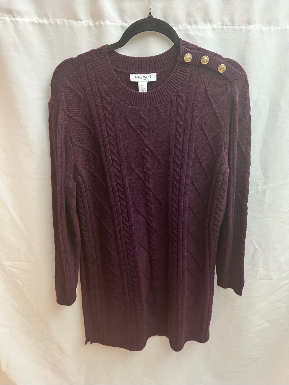 Nine West Jeans XXL Burgundy Cable Knit Sweater Dress Gold Button Shoulder